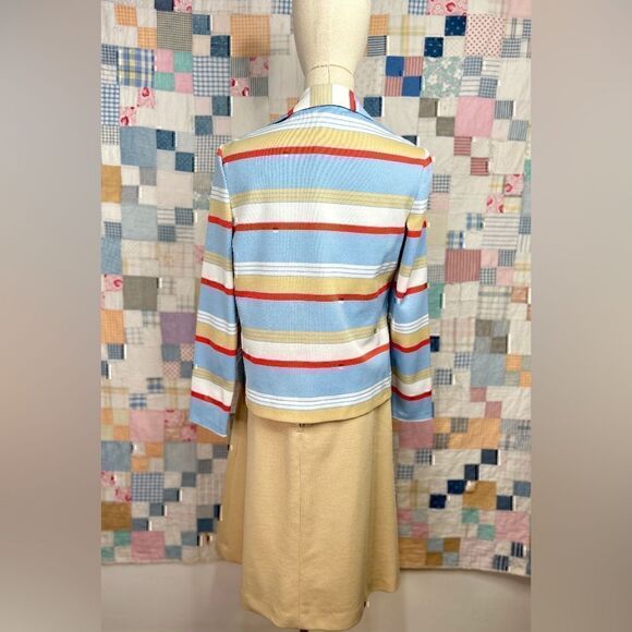 Late 1960’s Kay Windsor Sky Blue, Beige and Orange Poly Dress and Jacket Set - Picture 4 of 6